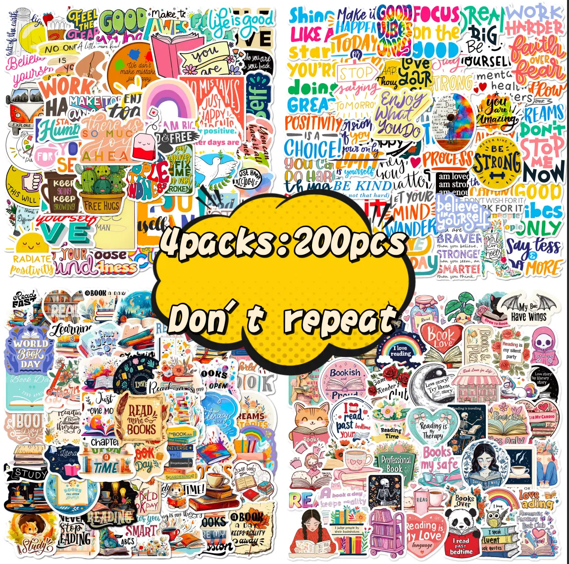 200pcs unique inspirational quote book-themed stickers, specially curated for book lovers and reading enthusiasts. Perfect for creative DIY decorating journals, luggage, refrigerators and skateboards.