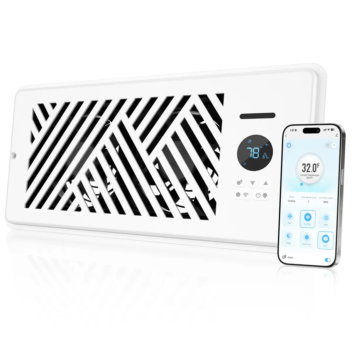 Avatar Controls Super Quiet Register Booster Fan for 4" x 10" Register Holes, Smart Register Vent with Dual Intelligent Thermostat and WIFI App Control, Heating Cooling AC Vent Fan (White)