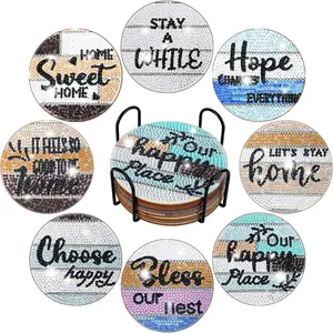 Aesthetic DIY Diamond Arts Colorful Painting Coaster, 8 Counts/set Alphabet Pattern DIY Diamonds Decor Painting Coaster, DIY Decorative Art Craft For Beginner, DIY Home Decor Rhinestone Painting Diamond Painting Kits