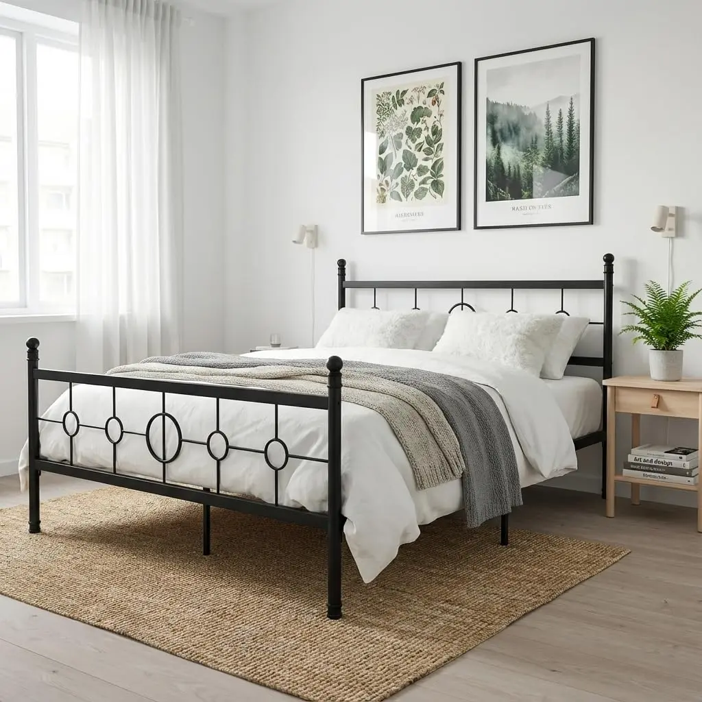 Garvee Queen Size Metal Storage Bed Frame - Vintage Circular Headboard & Footboard, Heavy-Duty Iron Construction, No Box Spring Needed, Silent, Easy Assembly, Black Modern Minimalist Design