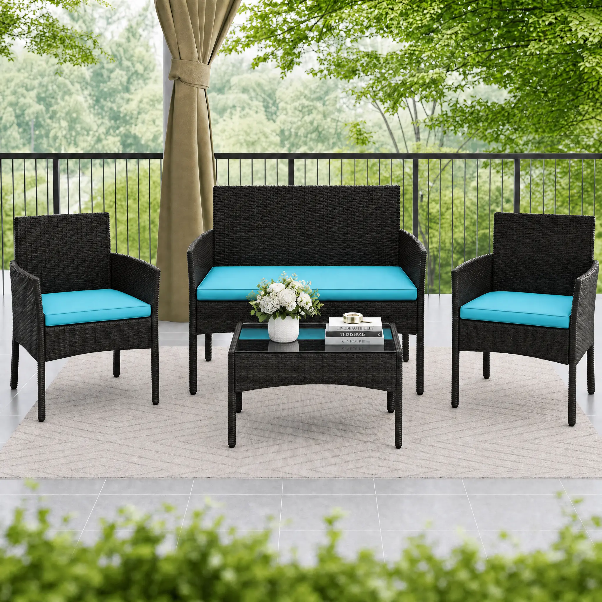 Yaheetech 4-Piece Outdoor Patio Conversation Set, PE Rattan Garden Conversation Set with Soft Cushions & Tempered Glass Table for Backyard, Poolside, Garden Conversation Sets