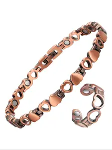 Women's Copper Magnetic Bracelet and Ring Set, 99.99% Pure Copper, Heart Design Healing Jewelry, Adjustable Size, Gift for Women, Wearable