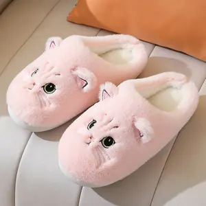 Cute Cartoon Plush Animal Slippers Soft Comfortable Women's Home Bedroom Cat Design Pink Fluffy Slippers