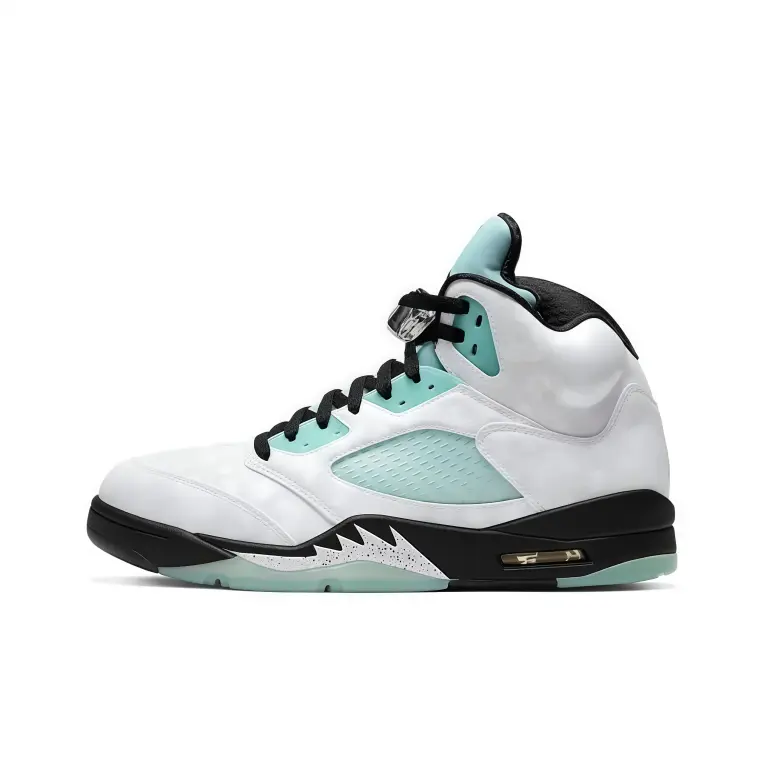 High top basketball shoes white upper mint turquoise inner black overlays speckled side details translucent outsole perforated mesh panel unisex cute aesthetic sneakers viral social media outfit