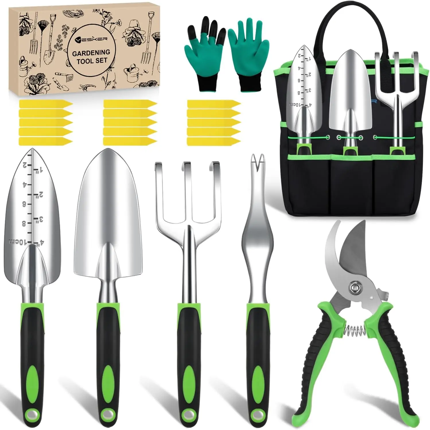 Yesker Gardening Tools 22-Piece Heavy Duty Garden Tool Set Gardening Supplies Gifts for Women Men Gardening Hand Tool Kit with Non-Slip Ergonomic Handle, Garden Bag, Gloves, 15 Plant Tags, Black Green