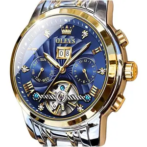 OLEVS Automatic Watch For Men Skeleton Mechanical Waterproof Luminous Classic Luxury Green Dial Stainless Steel Tourbillon Dress Wrist Watches For Men