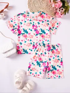 Two-Piece Set Toddler Girl's Ditsy Floral Print Tee & Shorts Set, Casual Round Neck Short Sleeve T-Shirt & Shorts, Essentials Set Summer Clothes for Kids Gift Sets