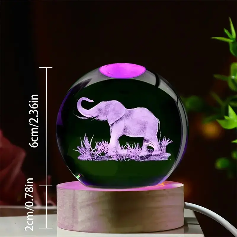 3D Elephant Crystal Ball Night Light with Wooden Base 3.15" K9 Crystal Figurine Lamp Colors 4 Modes USB Powered Valentine's day Desk Decor Gift for Women Kids Friends Adults
