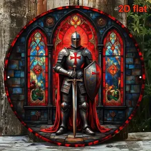 Aluminum Crusader Knight Wall Art 2D Flat Medieval Decor 8x8 Inch Round Retro Home Bar Man Cave Aluminum Sign Vintage Style