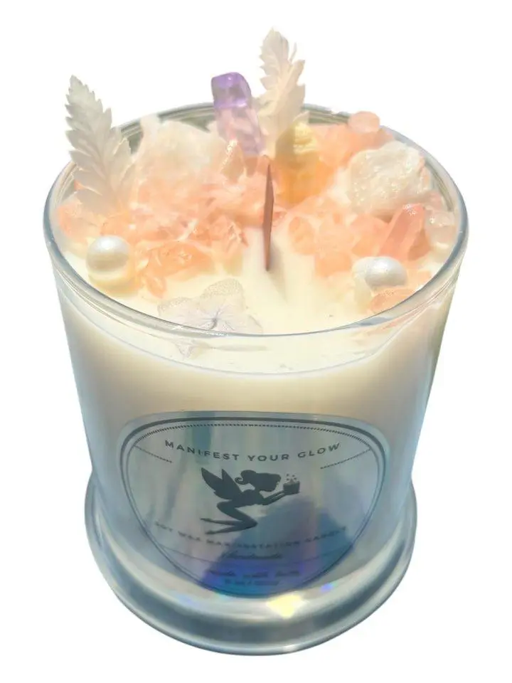 Aine Pure - Natural Soy Wax Candle with Healing Crystals & Gemstones for Protection & Clarity - Clean Burning, Non-Toxic, Phthalate-Free - Manifest Your Glow Collection