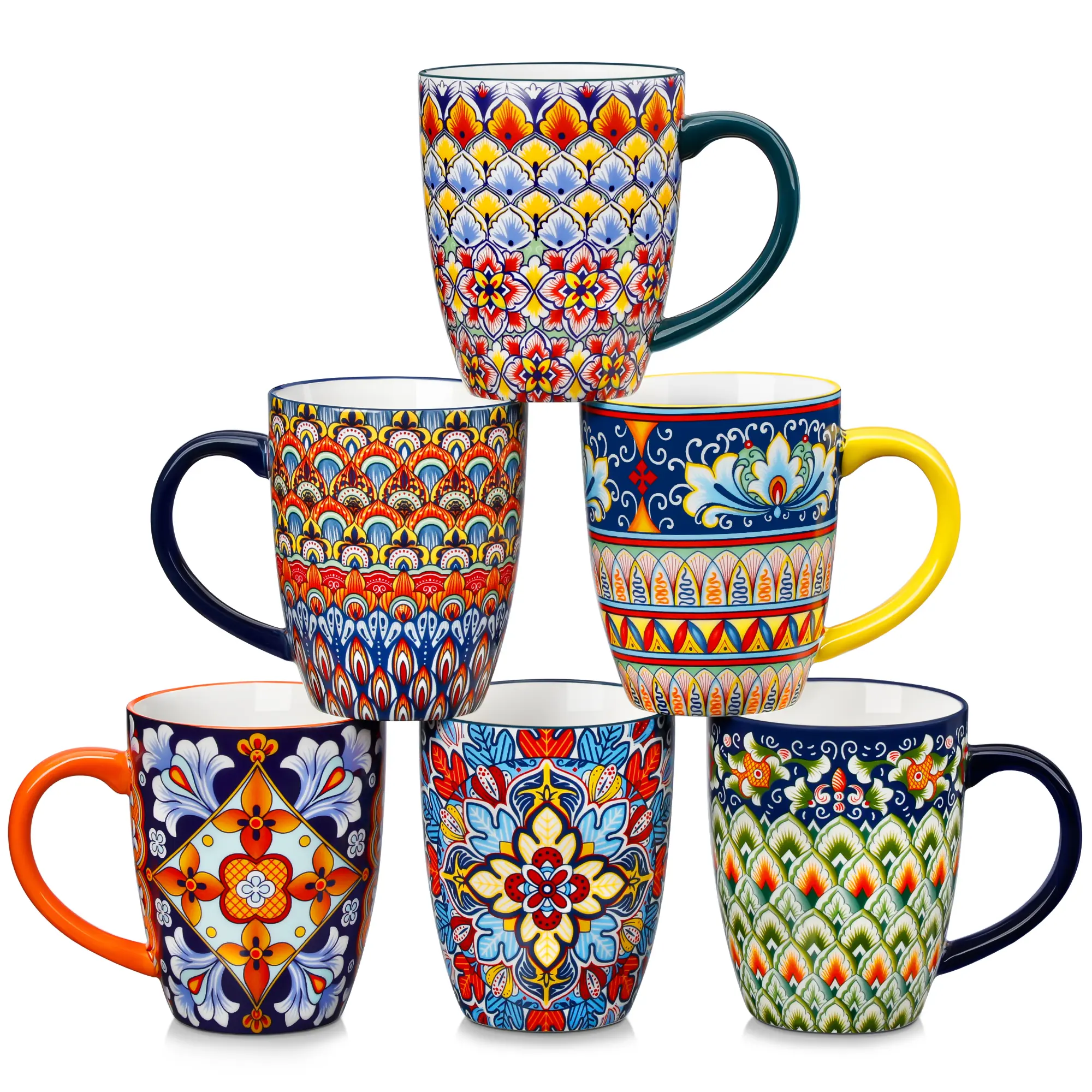 16oz/12oz Multi-color Porcelain Cups Suitable for Latte, Hot Tea, Cappuccino, Cocoa, Soup Dishwasher Safe Microwaveable 6-piece Ceramic Drinkware Fashionable Coffee Drinkware