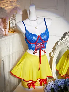 Women's Enchanting Fairytale 3-Piece Lace Lingerie Set - Blue Lace Lingerie Bodysuit, Yellow Skirt, Sexy Cartoon Pattern - Ideal for Romantic Couple Nights Womenswear lingerie women lingerie set lingerie coucou intimates
