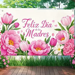 1PC Summervibes 2D Flat Polyester Reusable Spanish Feliz Dia de las Madres Backdrop, Pink Flower Theme Party Decor Banner, Photo Background Wall Tapestry, Mother's Day Gift for Moms, Indoor-Outdoor Birthday Decoration