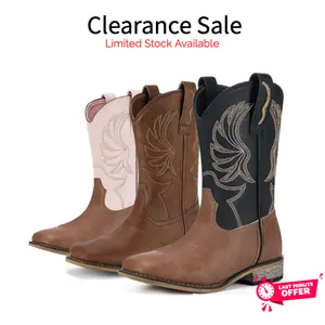 Clearance Sale Black Cowboy Boots for Women Embroidered Western Cowgirl Boots Mid Calf Square Toe Block Heel Boots Retro Vintage Style Casual Riding Boots for Women