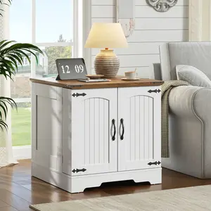 HOOBRO Farmhouse End Table with Charging Station, 23.6" Large End Tables Living Room with Door Storage Racks, Rustic Wooden Nightstand Bedside Table, Square Side Table, White and Walnut#SpringSale #BigSpringSale