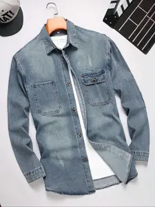 Men's Regular Fit Denim Shirt Collared, Button Front Shirt, Casual Long Sleeve Button Up Top for Spring & Fall, Fashion Men's Clothes for Daily Wear, Cotton, Casual Button Down