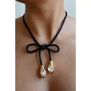 Black Bow Cord Necklace with Crystal Drops – Lazo Noir