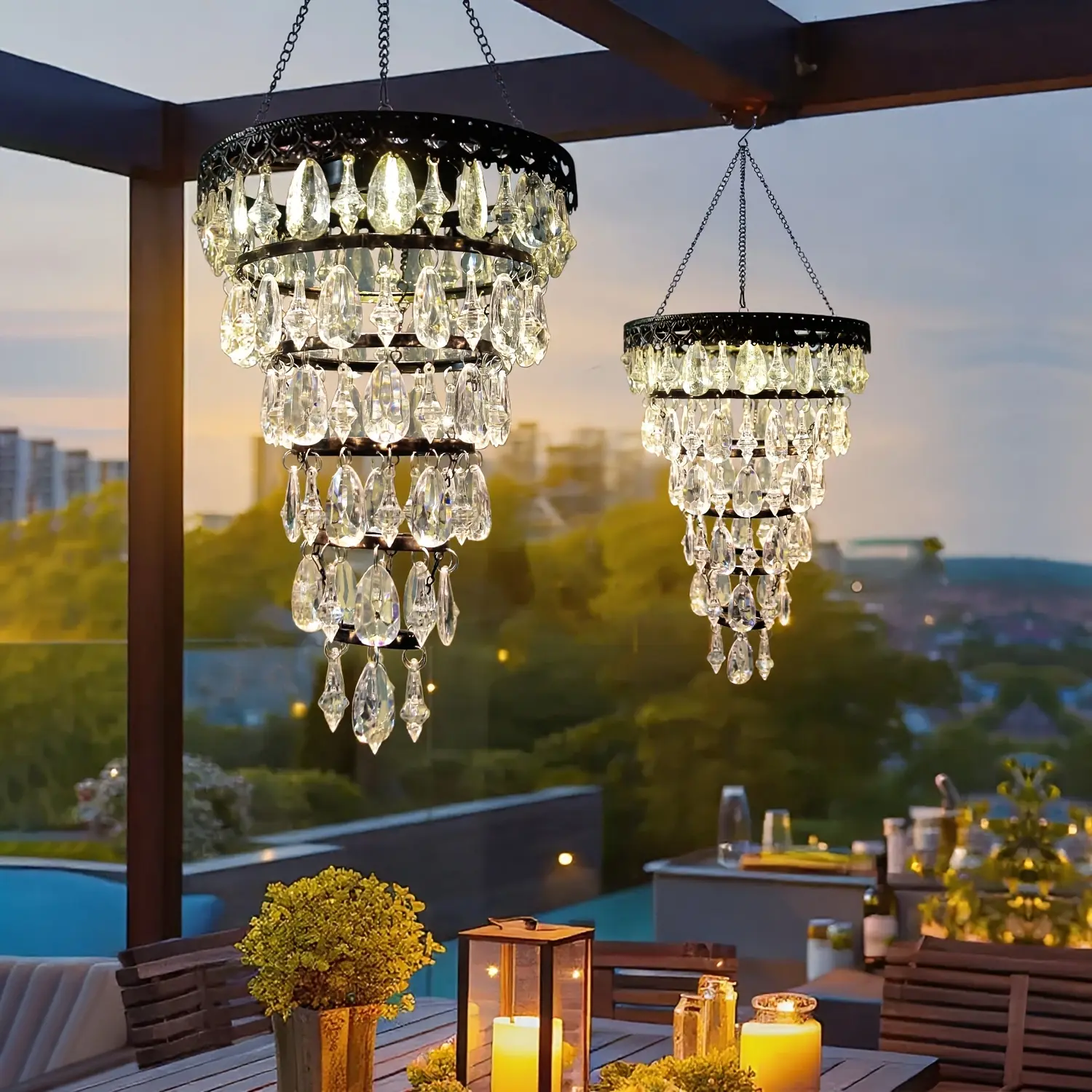 Solar Hanging Crystal Chandelier Outdoor Garden Decorative Lights Upgraded White 5ft LED Strip IP44 Hanging Lantern for Valentine Gifts, Garden, Yard, Patio, Gazebo, Party, Wedding,Housewarming