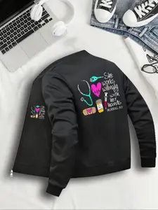 Women's Casual Knit Zipper Jacket Coats, She Works Willingly Print, Fitted Style, All Seasons Wear, Fashionable Ladies Outerwear, Womenswear