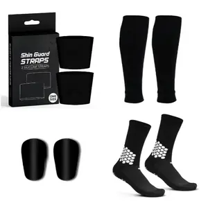 Premium Soccer Bundle - Soccer Grip Socks, Shin Guard Straps, Pre Cut Sleeves, and Mini Shin Guards (Black Pack with White Straps)