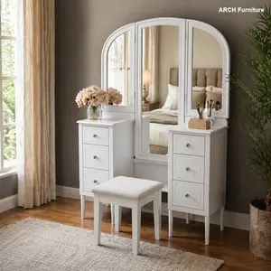 6-Drawer White Antique-Inspired Makeup Vanity Table Set - Stylish, Drawer-Equipped Full-Size Bedroom Dresser with Triple Mirrors, Cushioned Stool, Full-Length Mirror, Solid Wood Legs, Stylish Makeup Vanities