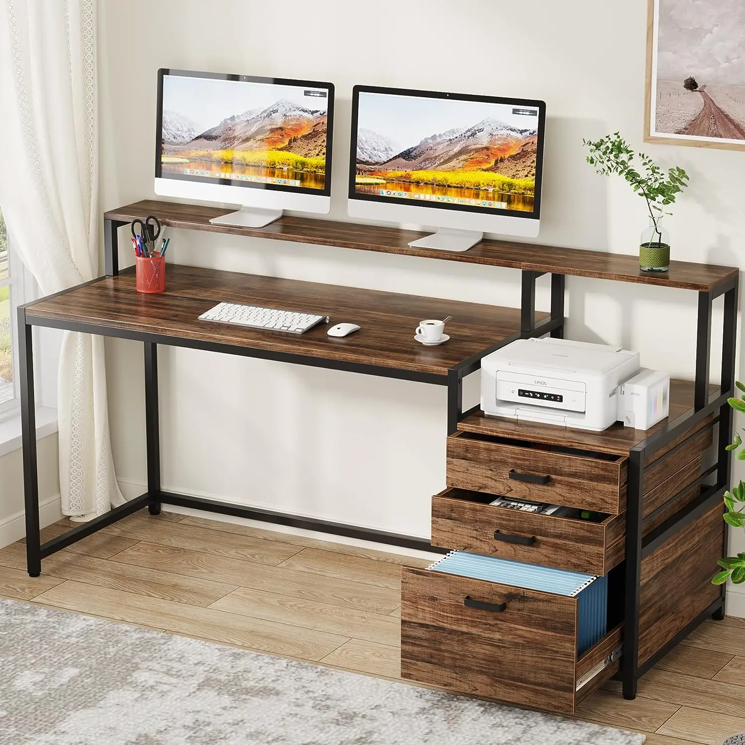 Tribesigns 63 Inch Computer Desk with File Drawer Cabinet, Ergonomic Office Desk with Monitor Stand and Ample Storage, Industrial Computer Table with Printer Space, for Home Office, Study, and Gaming