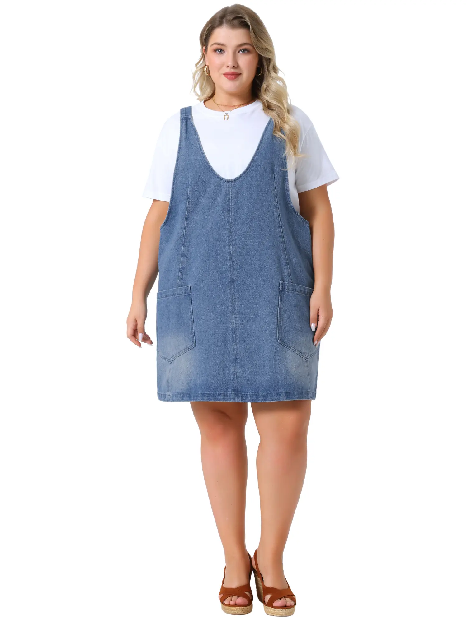 Agnes Orinda Women's Plus Size Denim Overall Dress Sleeveless Crewneck Denim Jumper Dress Pinafore