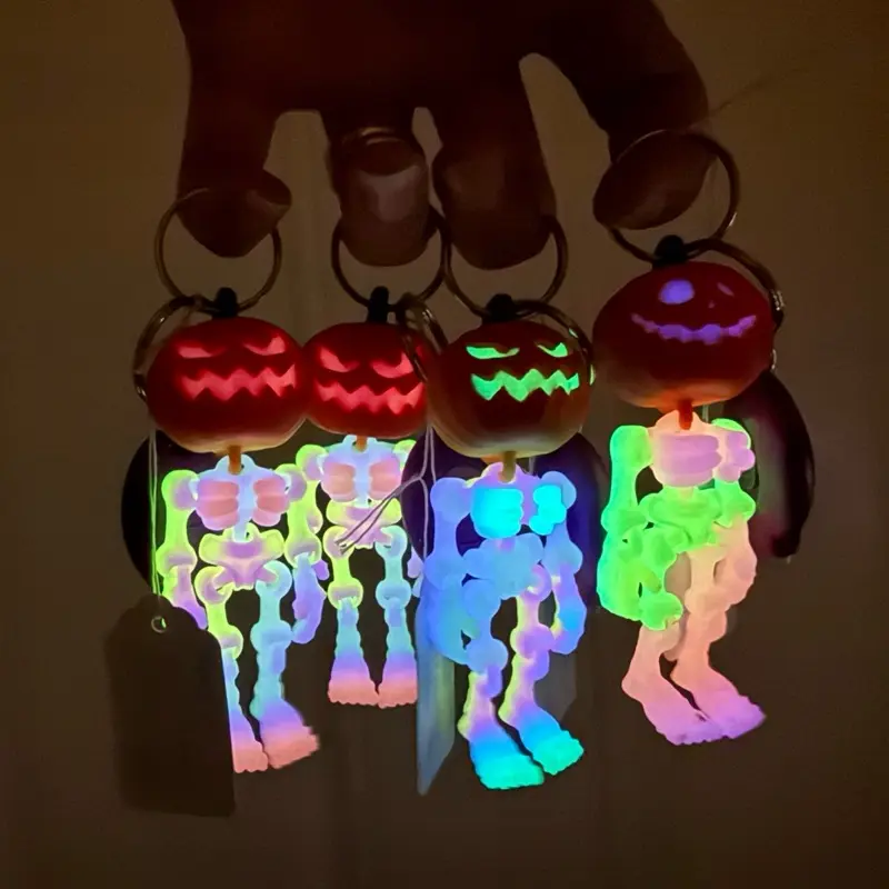 Glow in the Dark 3D Skeleton Keychain - Glow-in-the-Dark Skeletons with Colorful Pumpkin Head Charm for Halloween Fun