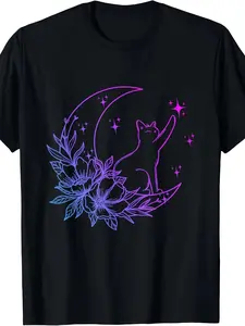 Men's & Women's Heavyweight Glow-in-the-Dark T-Shirt - Neon Night Sky Retro Tee with Pink & Blue Starry Design, Black Cat & Crescent Moon Graphic, Relaxed Fit Short Sleeve Round Neck Suitable for Parties, Casual Attire, Machine Washable