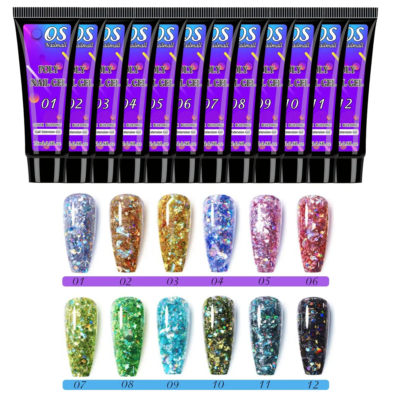 Osnailmall 12 Colors Quick Extension Poly Nail Gel Polish, Long Lasting Nail Polish, Glitter Acrylic Crystal Nails, Prolong Nail Art, UV Hard Gel, Professional Quality, Manicure, Nail Care, Glitter Finish, Poly Gel Kit