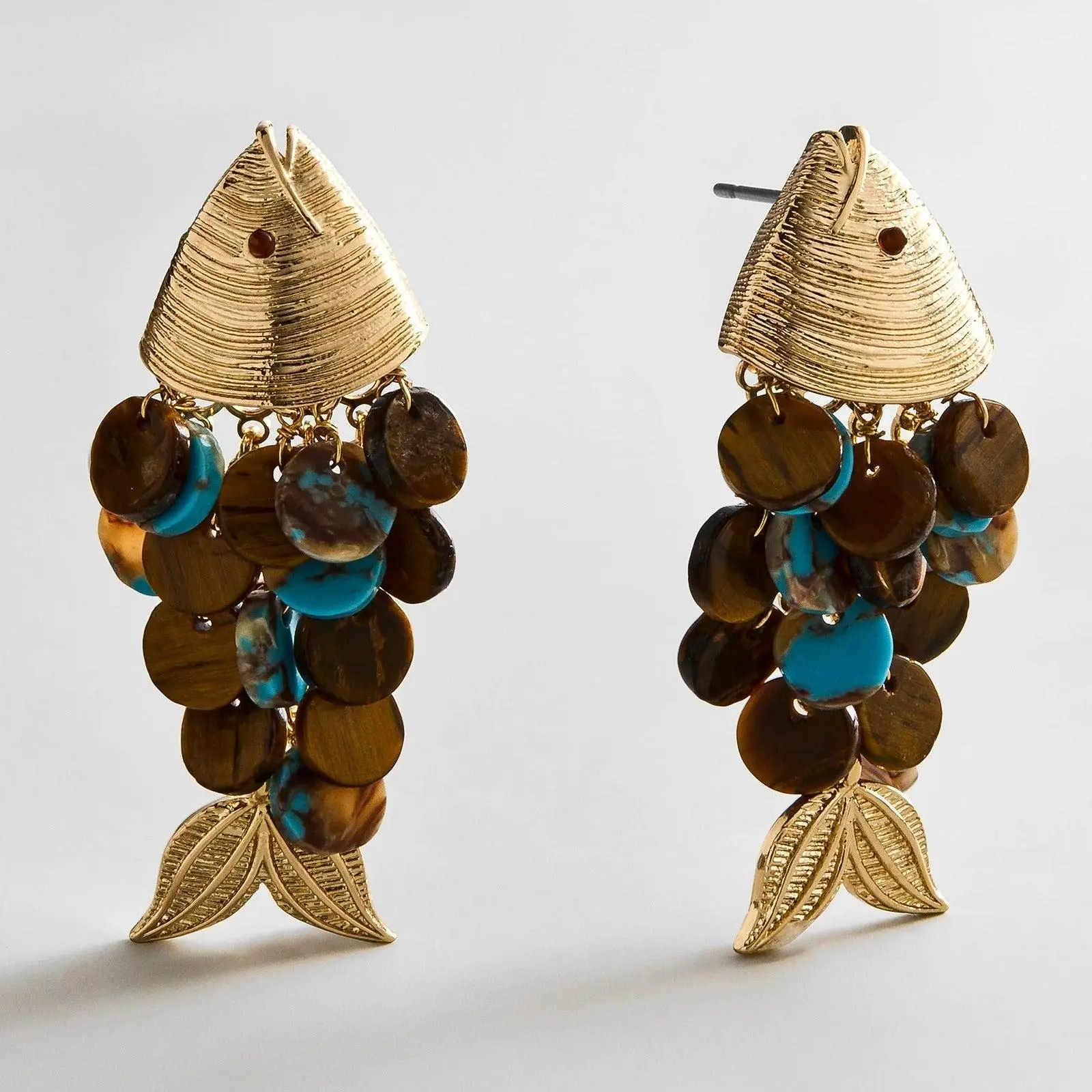 Ripple Effect Dangling Earrings - Gold, Tiger’s Eye Costume Jewelry