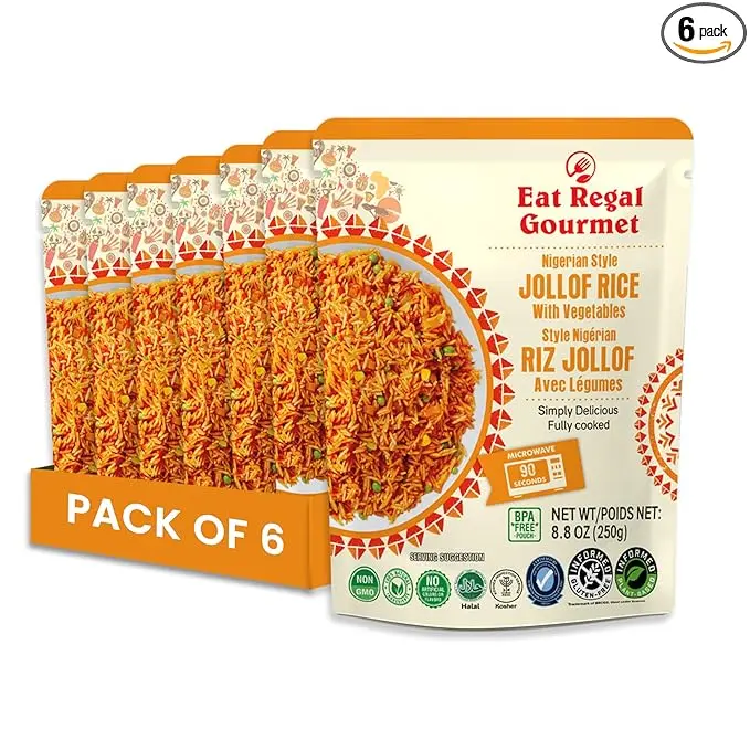 Eat Regal Jollof Rice with Vegetables - Pack of 6, 8.8 Ounce, BPA-Free, Halal & Kosher Certified, 180 Calories, Microwave Ready - Food