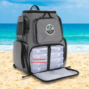 Fishing Backpack with Cooler on Top, Adjustable Compartments for Tackle, Stylish Gray Chill-N-Reel Design for Fishing and Outdoor Adventures