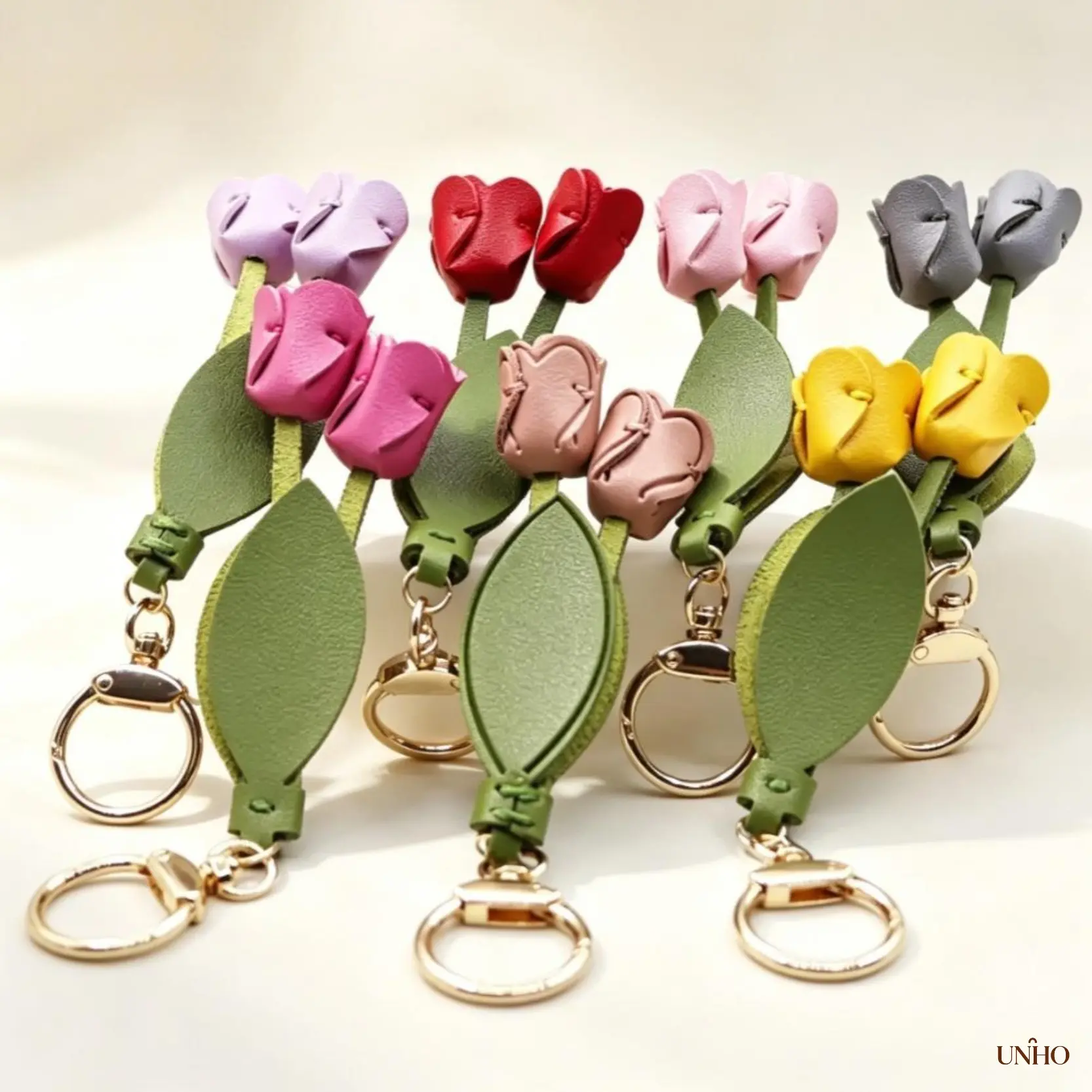Hand Stitched Soft Pink Genuine Leather Tulip Key Ring Bag Charm, Minimalist Cottagecore Floral Pendant, Gentle Decor Accessory For Handbags Backpacks Daily Keys & Sweet Botanical Gift