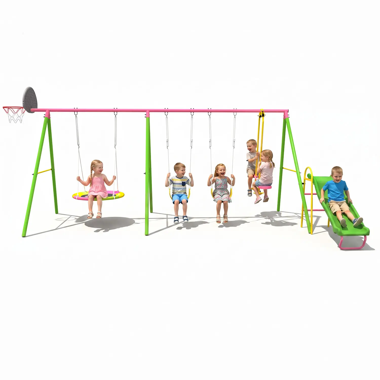 Mersco 6 in 1 Swing Sets for Backyard with Slide & Basketball Hoop, Outdoor Heavy-Duty Metal Playset with 4 Swing Seats, Multi-Function Kids Playground Equipment(Pink,Blue,Orange)