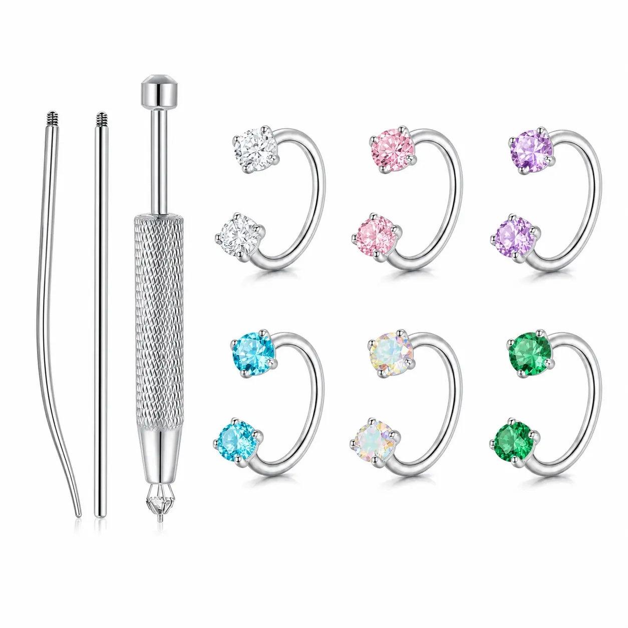 Horseshoe Nose Rings for Women, Double Gem Half Nose Rings Hoops Internally Threaded Cartilage Helix Tragus Eyebrow Lip Nose Piercings Jewelry for Women Men Silver/Gold