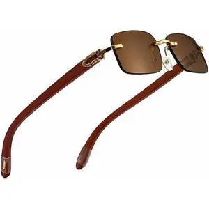 Retro Rimless Brown Tint  Frame  Hop Buffs Sunglasses Rectangle Men Women Frameless 90's Shades Woodgrain Arm Fashion Frameless Square Unisex Summer Sun Glasses
