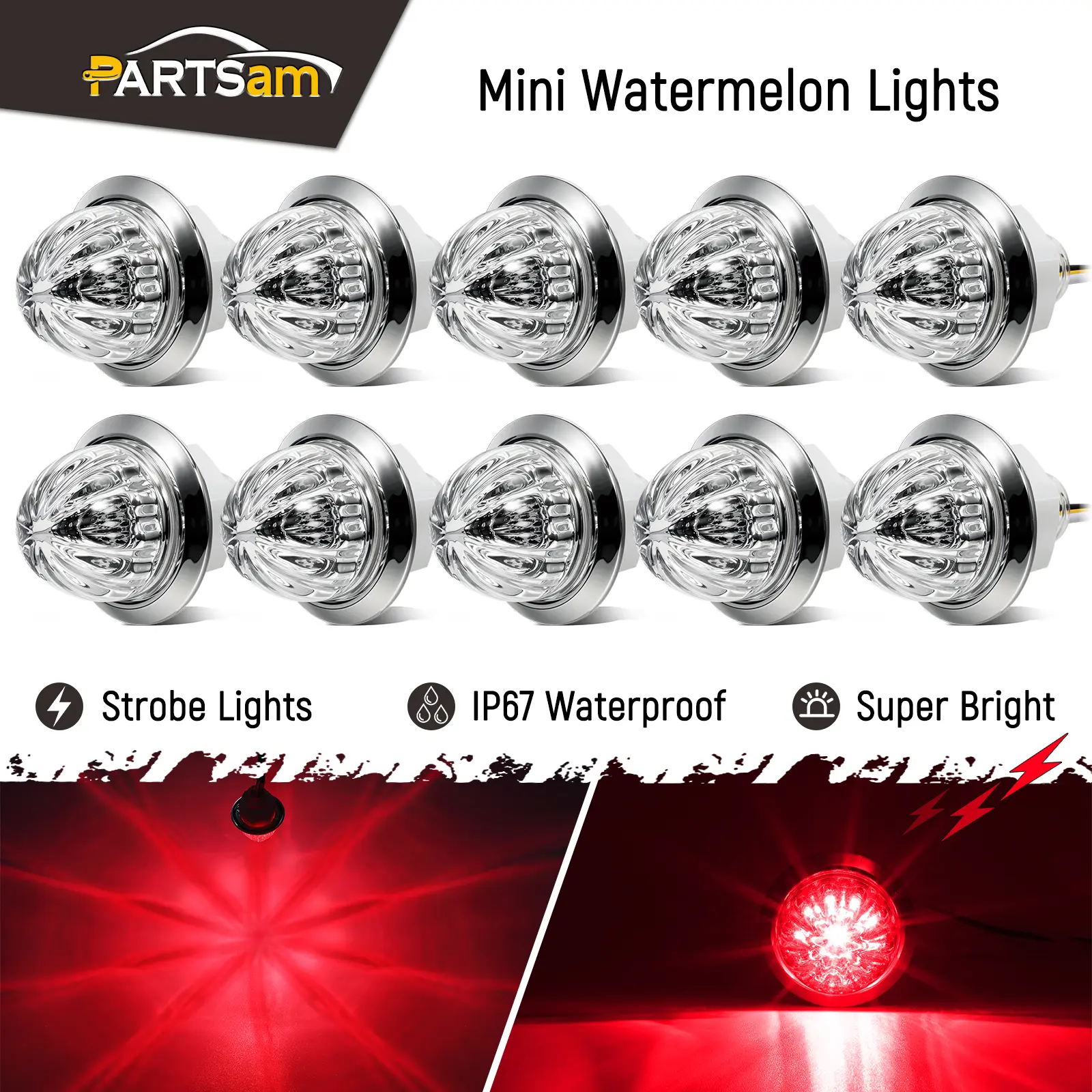 Partsam 10Pcs 3/4 inch LED Red Watermelon Side Marker Clear Plastic Lens Dual Function Strobe + Marker Lights, Side Clearance Tail Griller Flash Lights Turn Signal Warning Waterproof Light for Trailer Truck RV 12V