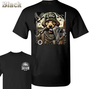 Duck Hunting Dog Graphic T-Shirt - Labrador Retriever With Mallard In Mouth , DRG Camo Hat Design , Southern Outdoor Style , Perfect For Hunters , Casual Tee Or Hoodie Classic Menswear