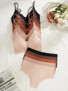 Women's Solid Color Bra & Panty Set, Soft Comfortable Breathable Wireless Push Up Bra & Panty Set, Lingerie Set for Women, Underwear Sets