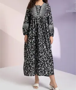 Zellbury Black Floral Lawn Tunic - Bishop Sleeve Long Sleeve Boho Style All Seasons Lightweight Everyday Wear Fit Dress