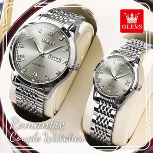 OLEVS 6602 Romantic Couple Watch Set, Luxury Grey Dial Automatic Mechanical Watches, Elegant Luminous Waterproof Timepieces