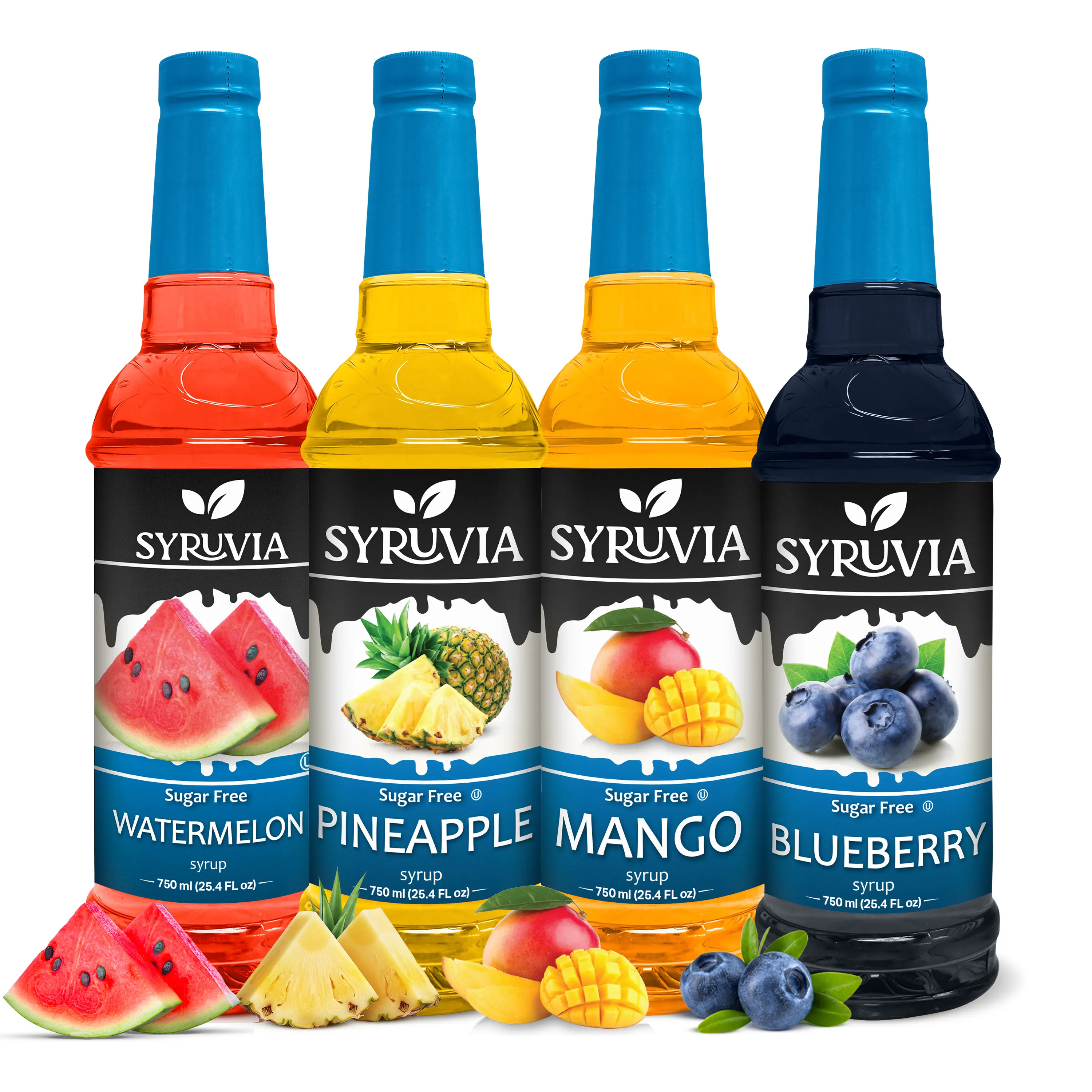 Syruvia Sugar Free Fruit Syrup Variety Pack – Watermelon, Pineapple, Mango & Blueberry – Gluten-Free, Kosher, 25.4 fl oz Bottles – Perfect for Sodas, Lemonades, Iced Teas & More (4-Pack)