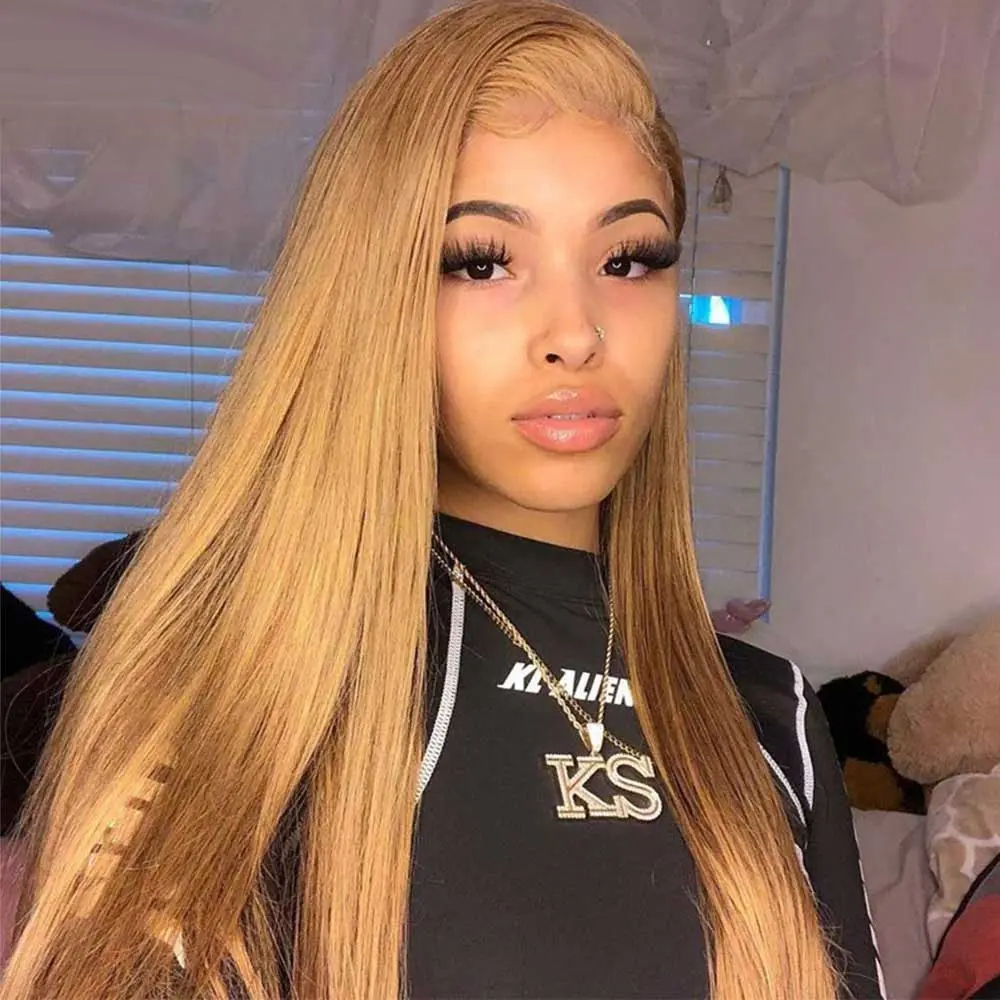 Honey Blonde Lace Front Wig Hair #27 Colored Wig 13x6 HD Transparent Lace Frontal Wig for Black Women Straight Wig 180% Density 32 Inch hd transparent lace front wig human hair