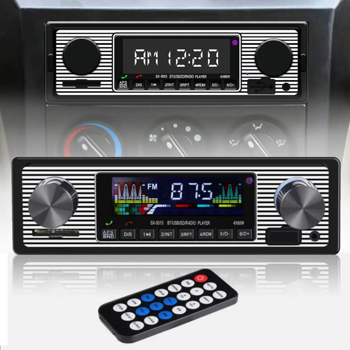 DC 12V-14.4V 5513 Model Retro Stereo Unit, In-Car Audio with FM Radio Receiver, Bluetooth Hands-Free Call Control, USB/SD Card/AUX Support, Remote, Cars Accessories, Auto Accessories, Retro Look