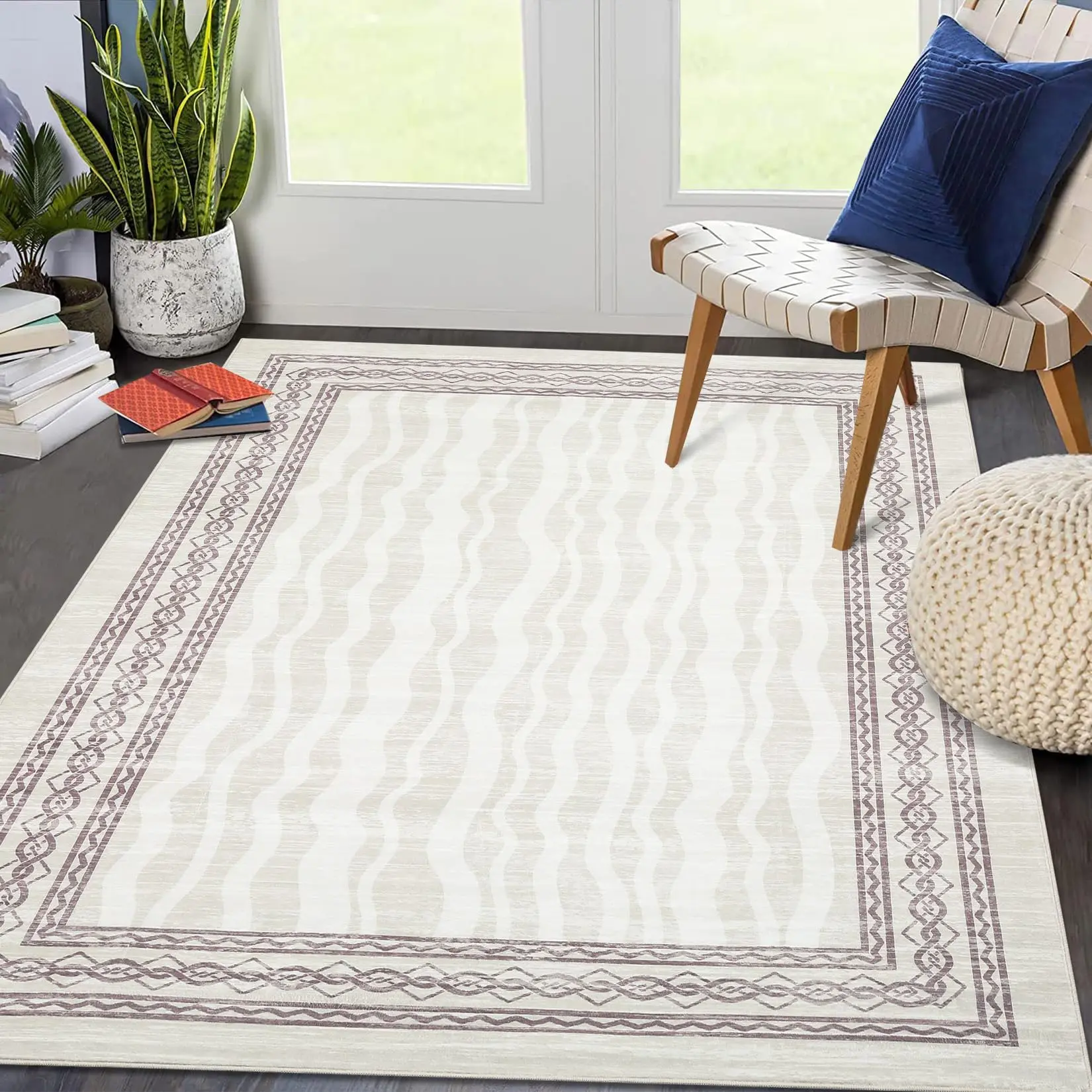 GARVEE 9x12 Area Rugs for Living Room, Large Carpet Modern Bordered Print Rug for Bedroom, Contemporary Machine Washable Low Pile Area Rugs  for Dining Room Playroom Home Office Decor Beige