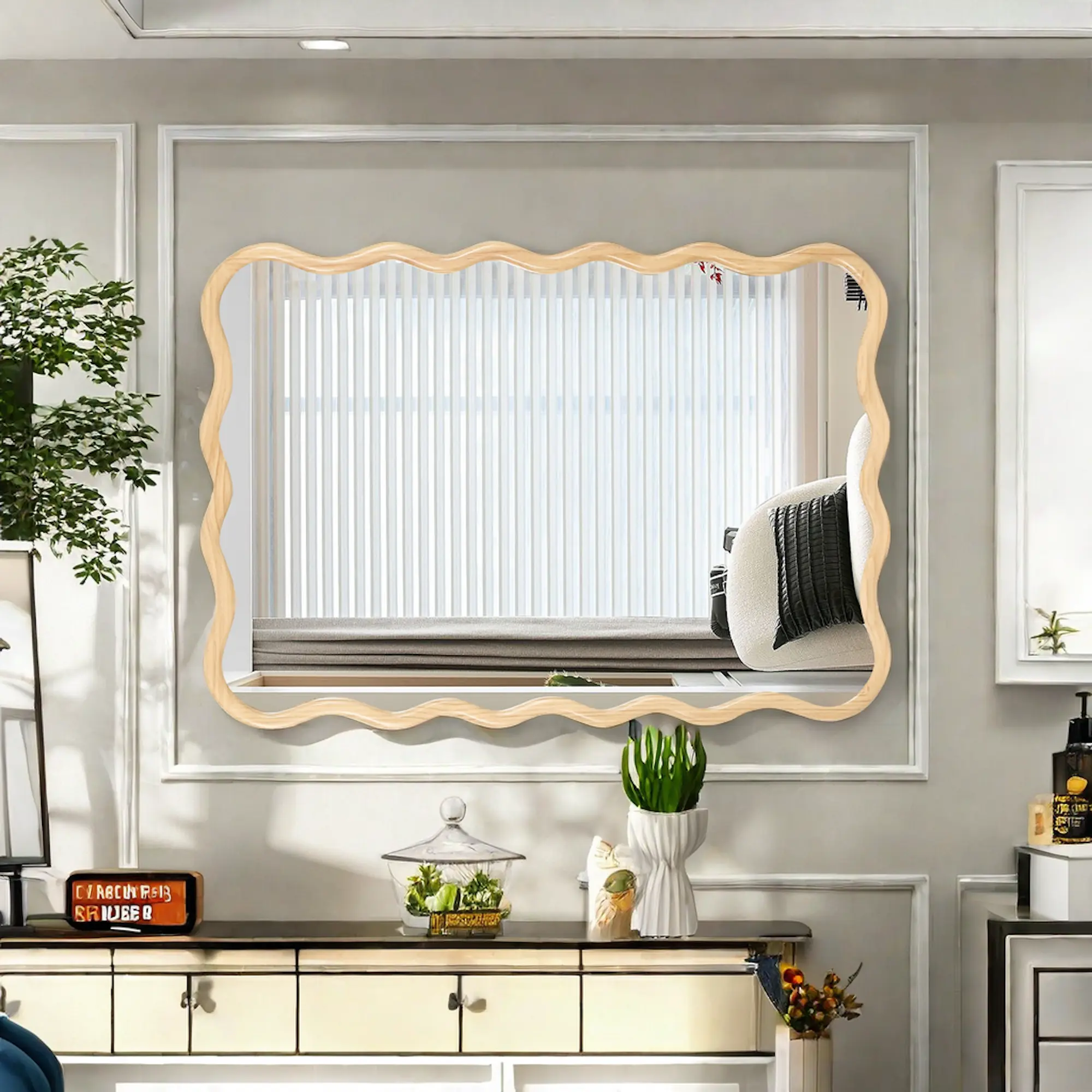 40"x28" Rustic Solid Wood Wavy Frame Wall Hanging Vanity Mirror - Natural Wood Border, Durable Farmhouse Decor, Smooth Antioxidant HD Explosion-Proof Modern Bathroom Fixture for Bedroom, Entrance Home Improvement