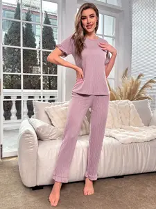 Women's 2pcs Cable Knit Lounge Set - Lettuce Trim Short Sleeve Top & Long Pants Pajamas Set Soft Comfy Casual Sleepwear