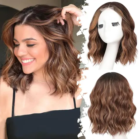 AISI HAIR Women's 14 In Brown Highlight Short Wavy Lace Frontal Wig, Synthetic Heat-Resistant Material Wig with Realistic Hairline, Snug Fit, Adjustable Elastic Band, for Everyday & Dating Use