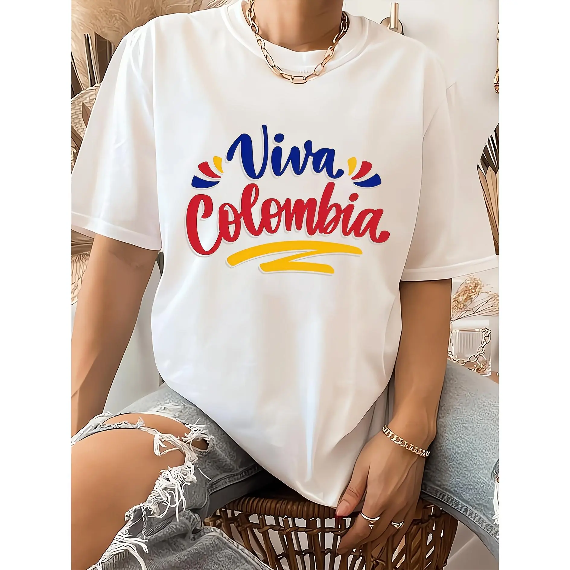 Women's Carnival Short-Sleeve Sports Top - Colorful "Viva Colombia" Print, Round Neck, Fit, Lightweight, Soft, Breathable, Loose, Casual, Fashionable, Streetwear, Machine Washable, Holiday Gift, Suitable for Spring/Summer/Autumn, Commuting